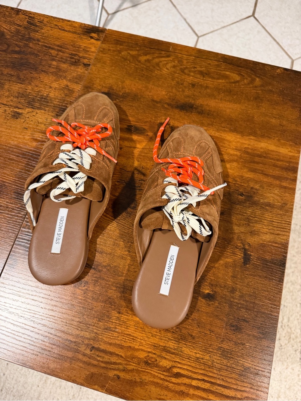 Steve Madden Brown Suede Mules with Orange & Cream Laces